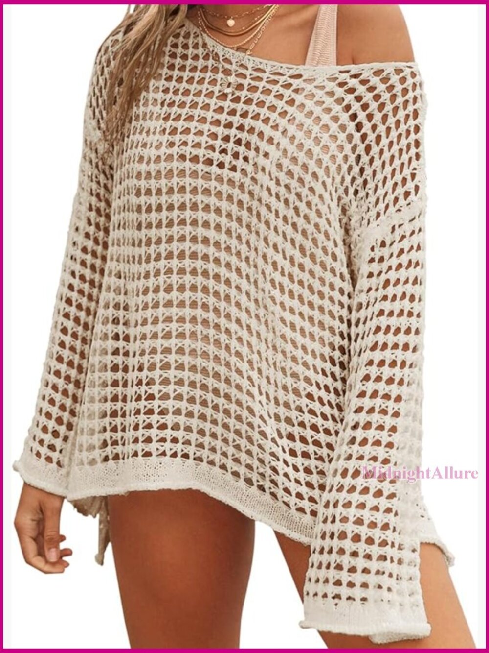 Long Sleeve Crochet Beach Cover Up Mesh Knit Swimsuit Coverup XS-XL